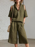 Womens Short-Sleeve Shirt And Shorts Loose Pants Two-Piece Set