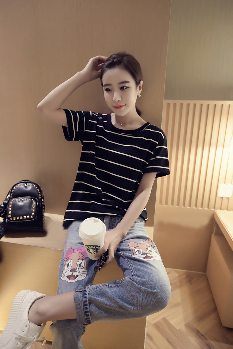 Women's Simple Solid Color Striped Short Sleeves