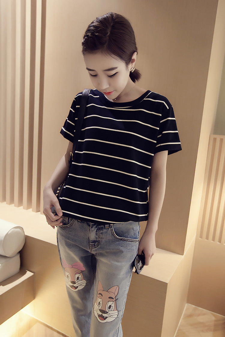 Women's Simple Solid Color Striped Short Sleeves